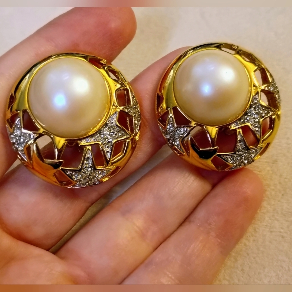 Givenchy Vintage Crystal Stars Faux Pearl Clip-on Earrings